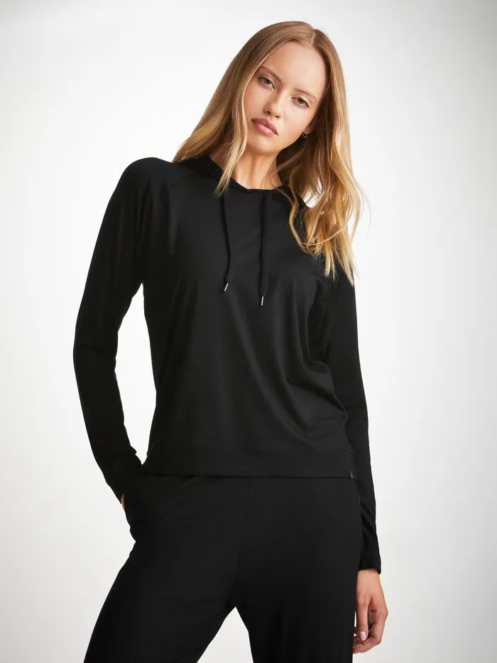 Derek Rose Pullover Hoodie Basel Micro Modal Stretch Black Women Hooded Tops