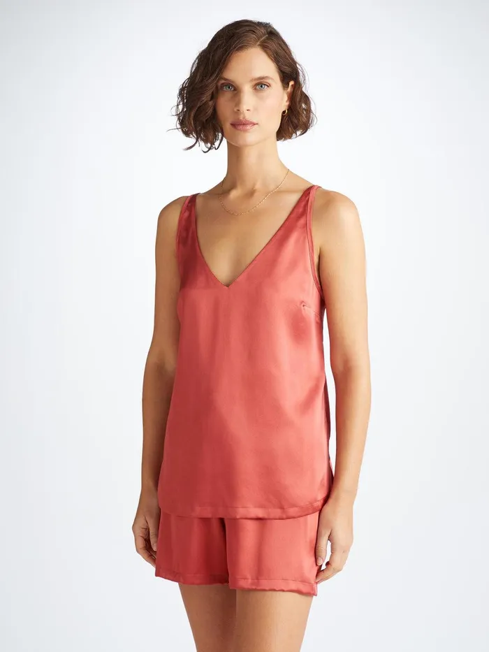 Derek Rose Short Cami Pajamas Bailey Silk Satin Rose Red Women Cami Pajama Sets