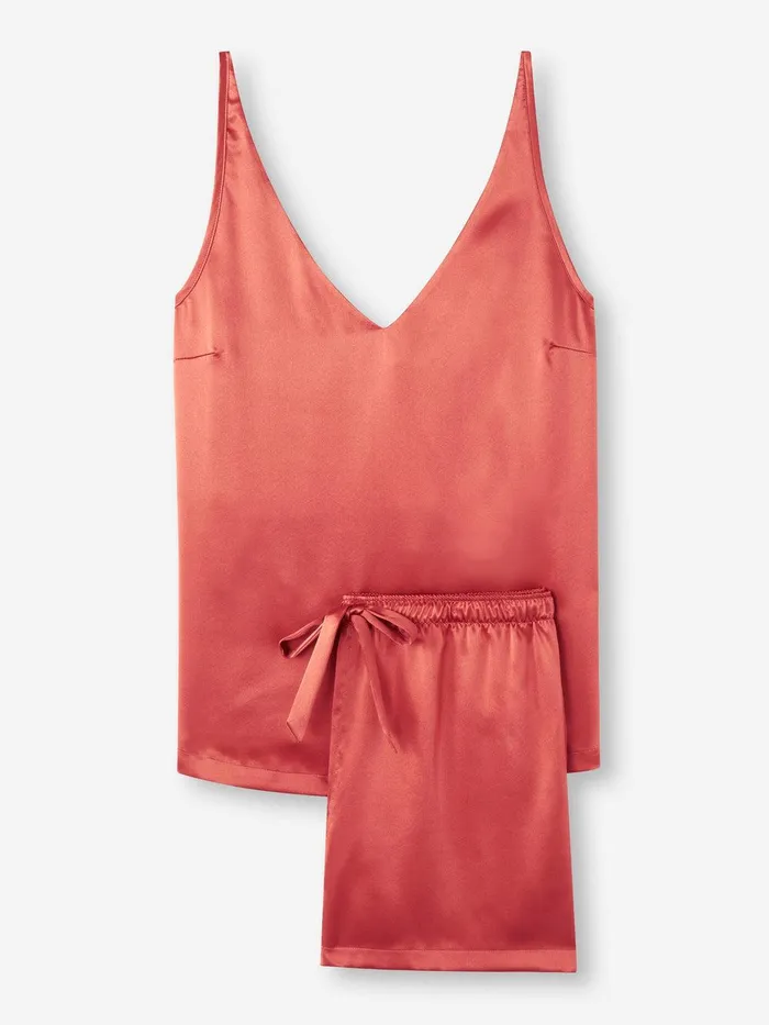 Derek Rose Short Cami Pajamas Bailey Silk Satin Rose Red Women Cami Pajama Sets