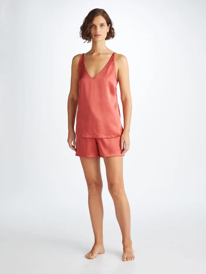 Derek Rose Short Cami Pajamas Bailey Silk Satin Rose Red Women Cami Pajama Sets