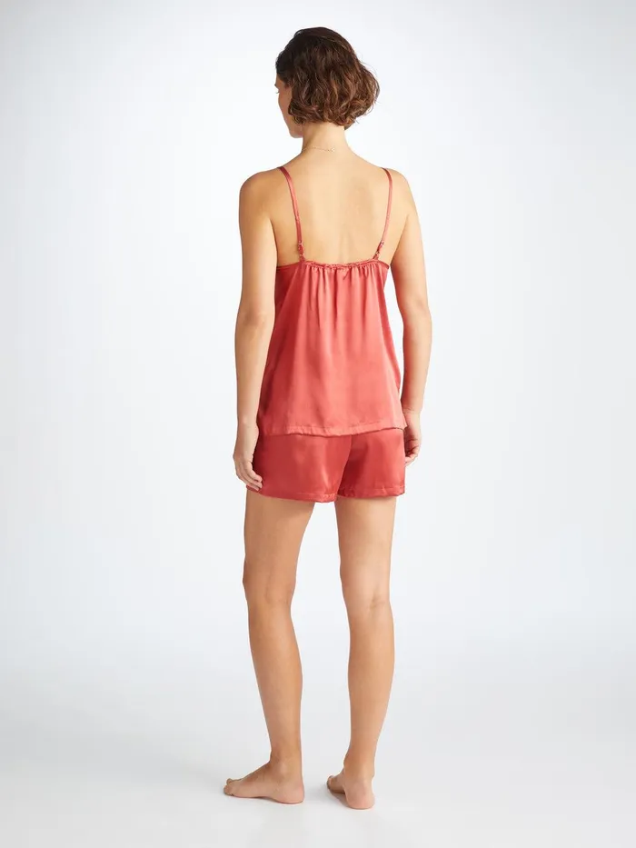 Derek Rose Short Cami Pajamas Bailey Silk Satin Rose Red Women Cami Pajama Sets