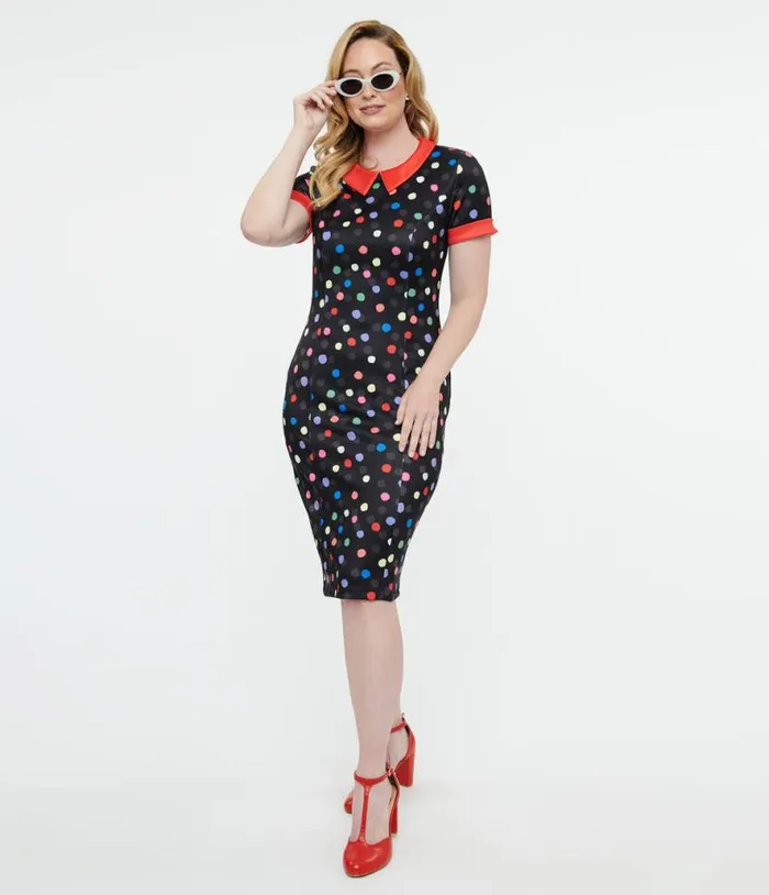 Dolly and Dotty 1950s Black and Rainbow Polka Dot Toni Wiggle Dress DressesPlus Unique Vintage Pencil Dolly and Dotty 1950s Black and Rainbow Polka Dot Toni Wiggle Dress DressesPlus Unique Vintage Pencil