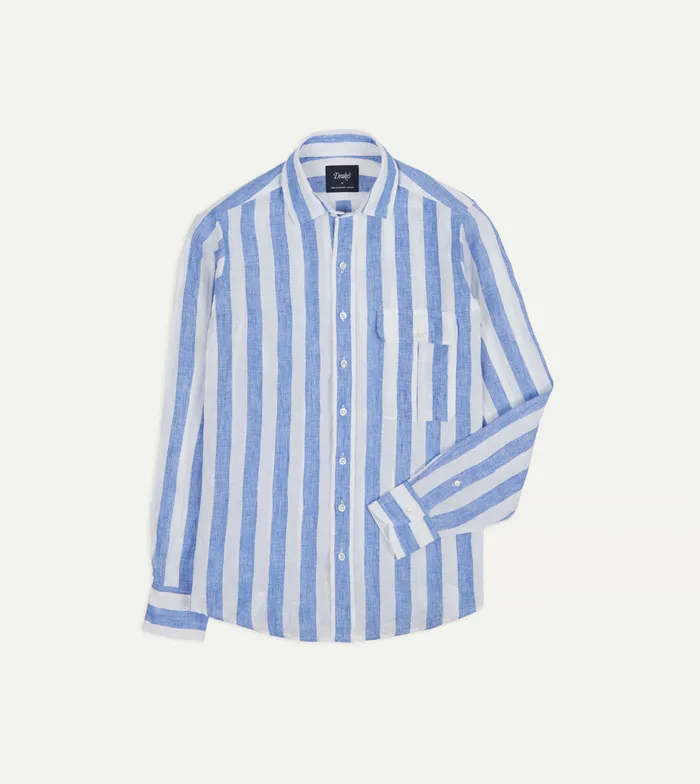 Drake039s Blue And White Broad Stripe Linen Spread Collar Shirt Men Linen Shirts Drake039s Blue And White Broad Stripe Linen Spread Collar Shirt Men Linen Shirts