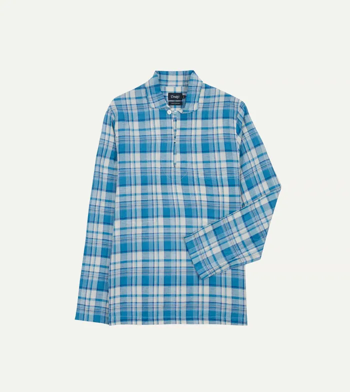 Drake039s Blue Madras Check Linen Smock Shirt Men Popover Shirts