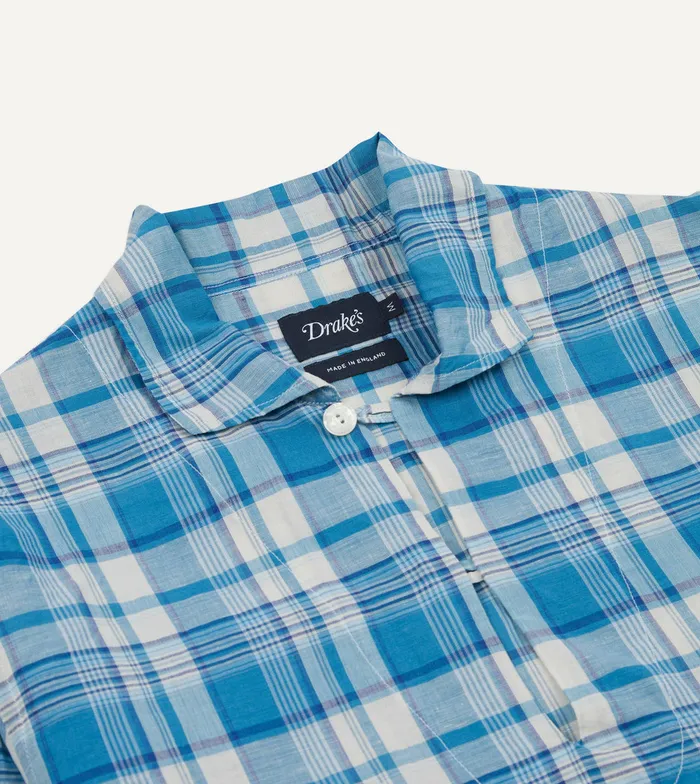Drake039s Blue Madras Check Linen Smock Shirt Men Popover Shirts