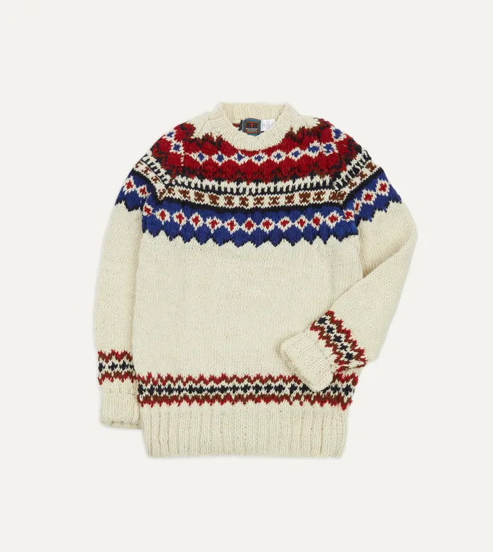 Drake039s Chamula For Ecru And Red Fairisle Merino Jumper Men Knitwear