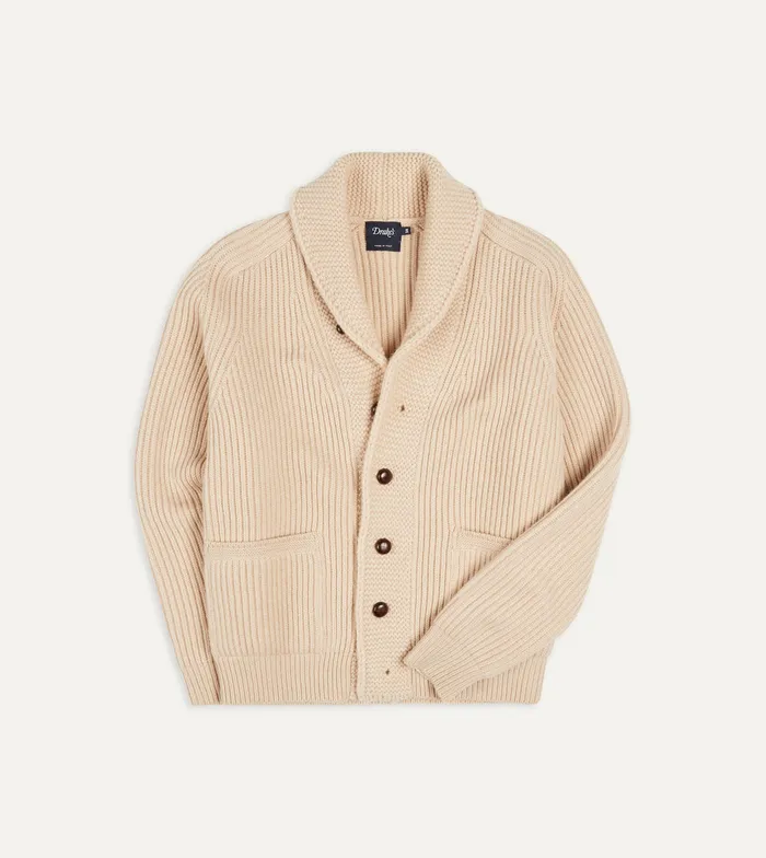 Drake039s Ecru Lambswool 6Ply Shawl Collar Cardigan Men Knitwear