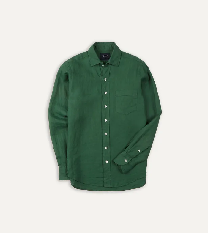 Drake039s Forest Green Linen Spread Collar Shirt Men Linen Shirts