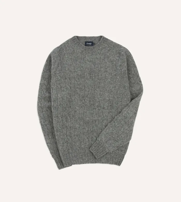 Drake039s Grey Brushed Shetland Cable Knit Crew Neck Jumper Men Knitwear