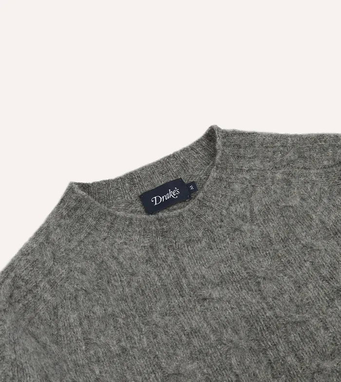 Drake039s Grey Brushed Shetland Cable Knit Crew Neck Jumper Men Knitwear