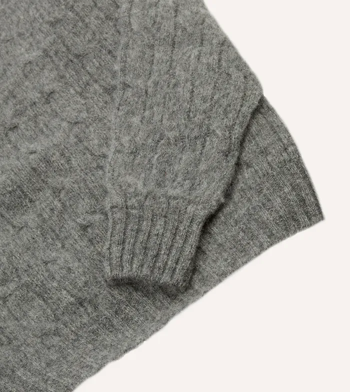 Drake039s Grey Brushed Shetland Cable Knit Crew Neck Jumper Men Knitwear