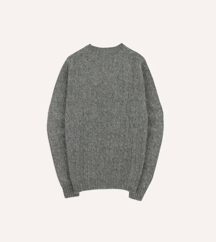 Drake039s Grey Brushed Shetland Cable Knit Crew Neck Jumper Men Knitwear