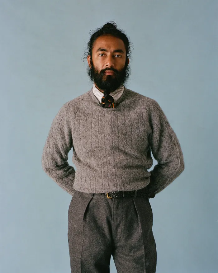 Drake039s Grey Brushed Shetland Cable Knit Crew Neck Jumper Men Knitwear
