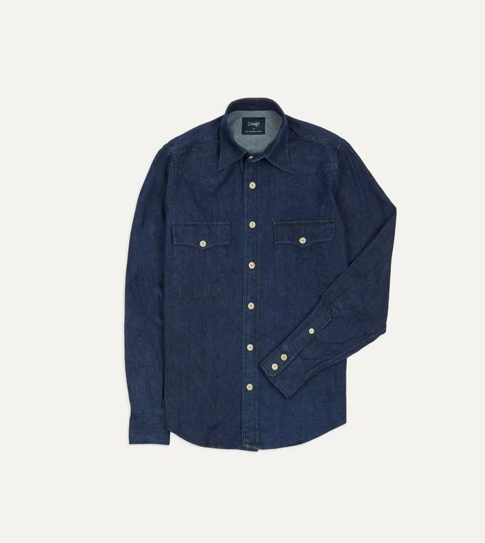 Drake039s Indigo Rinse Denim TwoPocket Western Shirt Men Denim