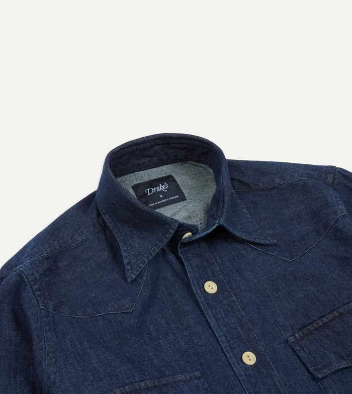 Drake039s Indigo Rinse Denim TwoPocket Western Shirt Men Denim