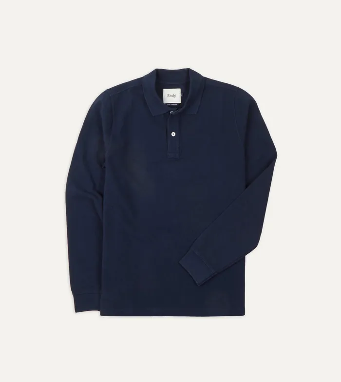 Drake039s Navy Pique Cotton LongSleeve Polo Shirt Men Polos and Sweatshirts