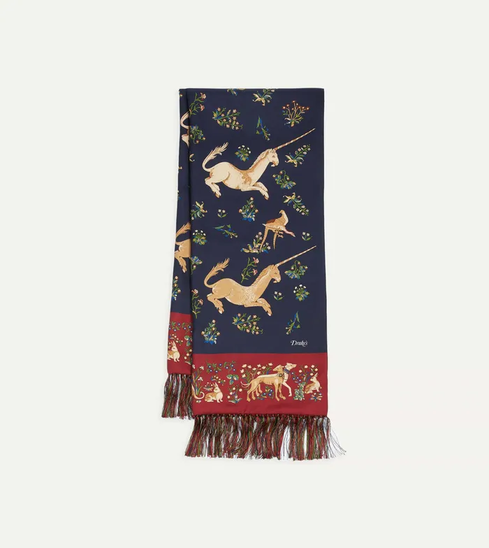 Drake039s Navy Unicorn Print Tubular Silk Tasselled Scarf Men Scarves