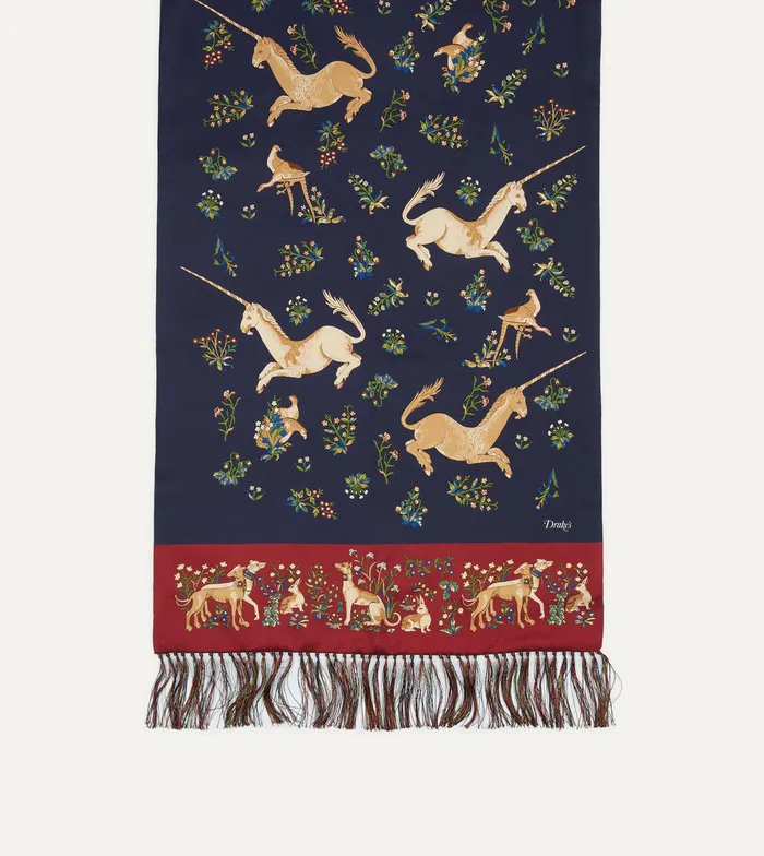 Drake039s Navy Unicorn Print Tubular Silk Tasselled Scarf Men Scarves