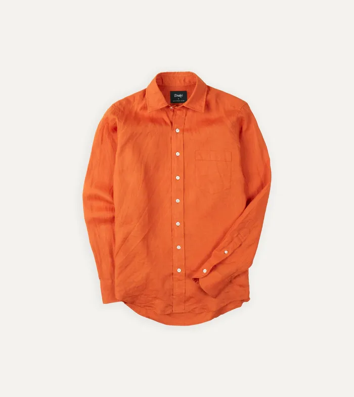Drake039s Orange Linen Spread Collar Shirt Men Linen Shirts