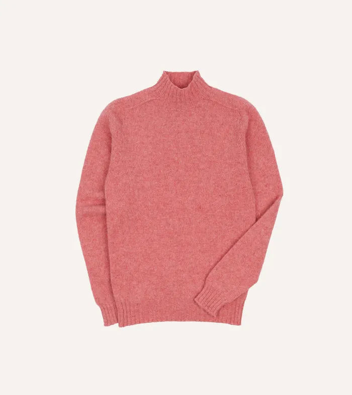 Drake039s Pink Brushed Shetland Mock Neck Jumper Men Knitwear