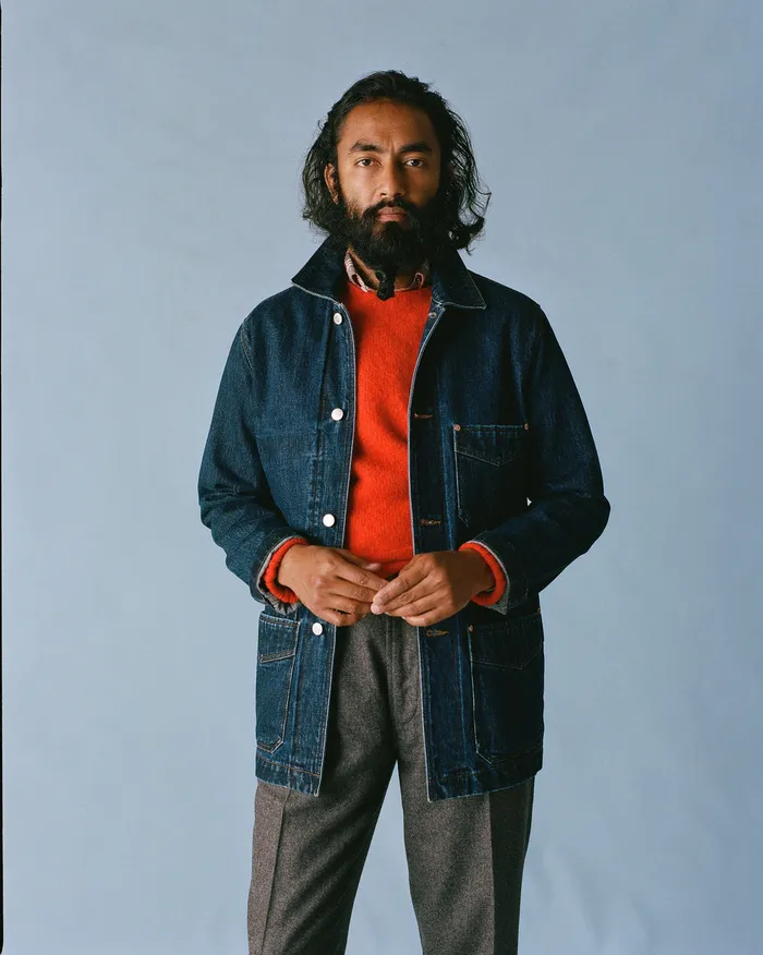 Drake039s Stone Wash Selvedge Denim FivePocket Chore Jacket Men Coats and Jackets