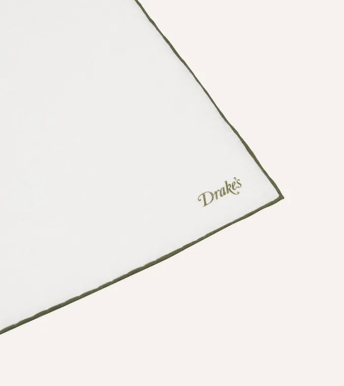 Drake039s White And Olive Shoestring Linen Pocket Square Men Pocket Squares