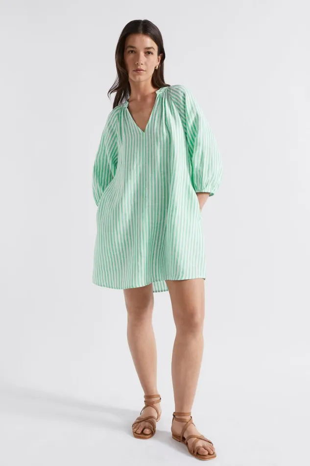 Dresses Woman Seed Heritage Linen Blouson Sleeve Mini Dress Key Lime Stripe