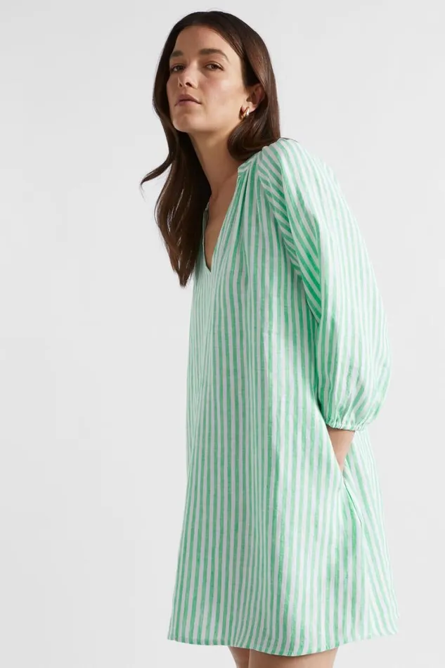 Dresses Woman Seed Heritage Linen Blouson Sleeve Mini Dress Key Lime Stripe