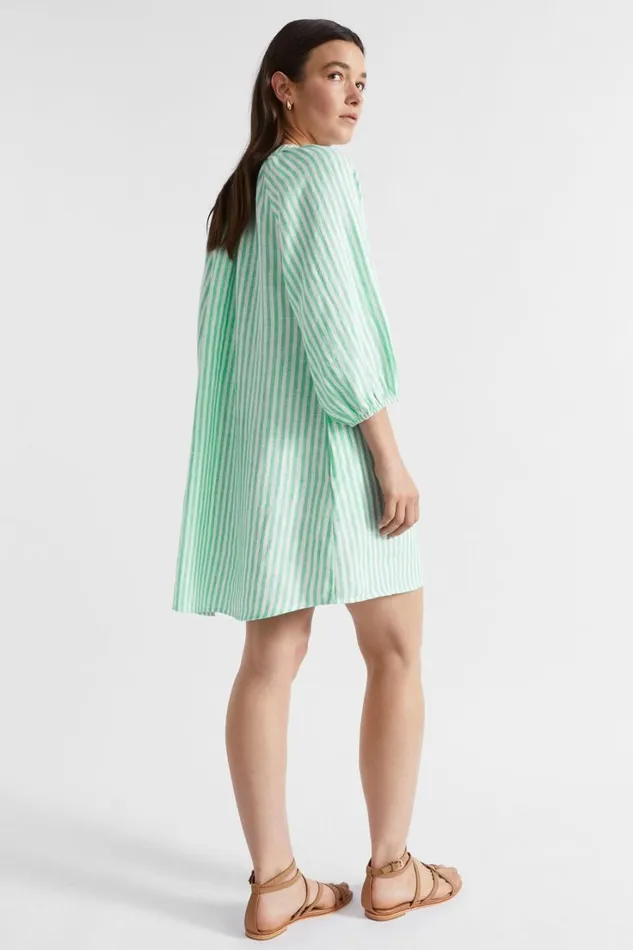 Dresses Woman Seed Heritage Linen Blouson Sleeve Mini Dress Key Lime Stripe