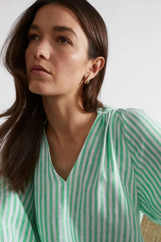 Dresses Woman Seed Heritage Linen Blouson Sleeve Mini Dress Key Lime Stripe