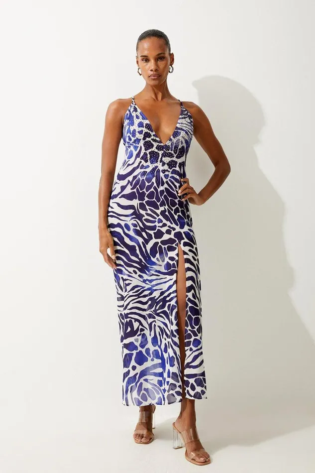 Dresses Women Karen Millen Abstract Print Embellished Maxi Beach Dress Blue