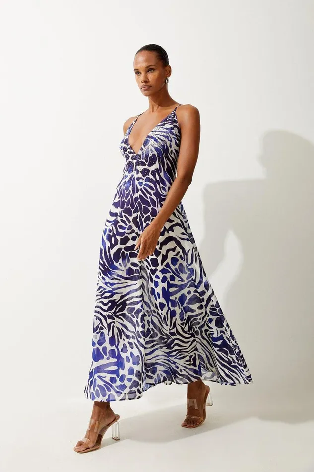 Dresses Women Karen Millen Abstract Print Embellished Maxi Beach Dress Blue