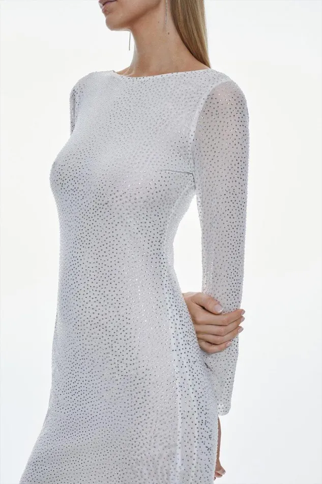 Dresses Women Karen Millen All Over Embellished Jersey Long Sleeve Maxi Dress White