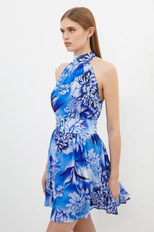 Dresses Women Karen Millen Blue Rose Print Pleated Mini Dress Blue