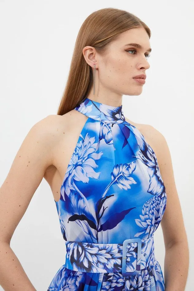 Dresses Women Karen Millen Blue Rose Print Pleated Mini Dress Blue