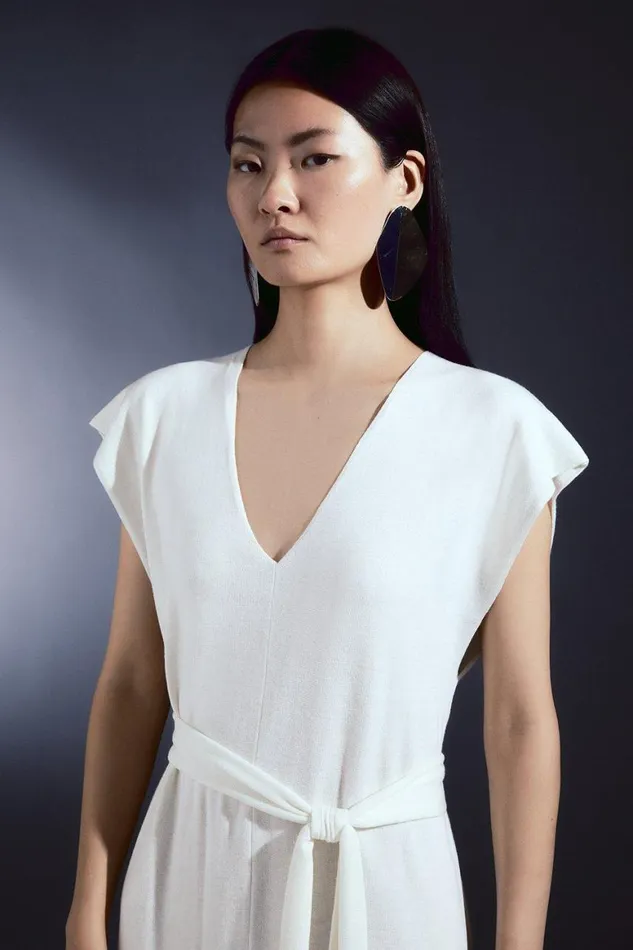 Dresses Women Karen Millen Cashmere Blend V Neck Column Belted Midaxi Dress Ivory