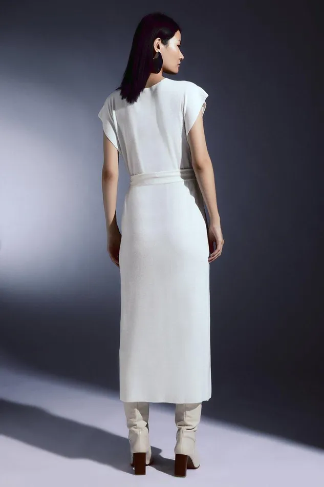 Dresses Women Karen Millen Cashmere Blend V Neck Column Belted Midaxi Dress Ivory