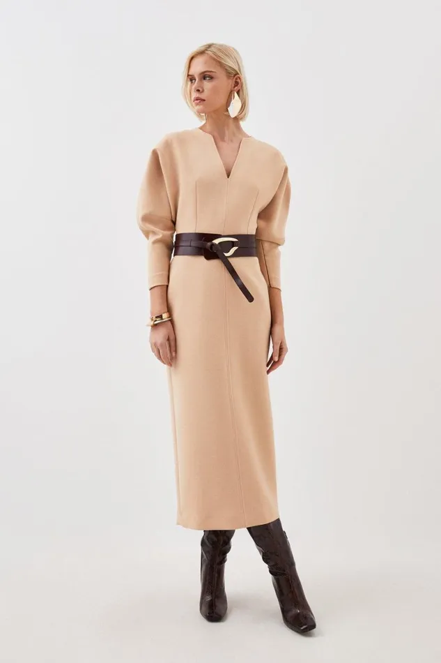 Dresses Women Karen Millen Clean Tailored Seam Detail Rounded Sleeve Midi Dress Camel
