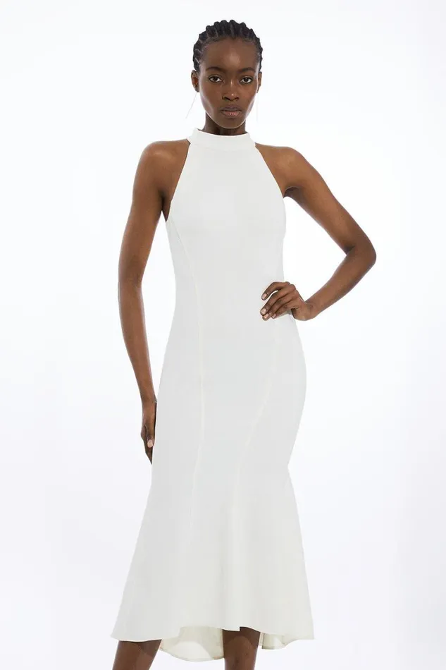 Dresses Women Karen Millen Compact Stretch Essential Tailored High Neck Dip Hem Midi Dress Cream Dresses Women Karen Millen Compact Stretch Essential Tailored High Neck Dip Hem Midi Dress Cream