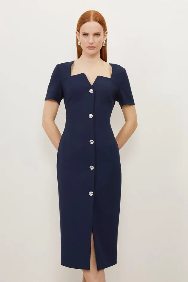 Dresses Women Karen Millen Compact Stretch Tailored Button Through Midi Dress Navy Dresses Women Karen Millen Compact Stretch Tailored Button Through Midi Dress Navy