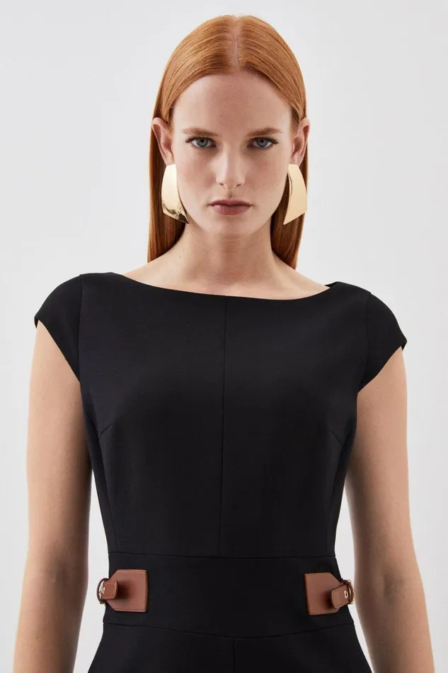Dresses Women Karen Millen Compact Stretch Tailored Tab Detail Cap Sleeve Midi Dress Black