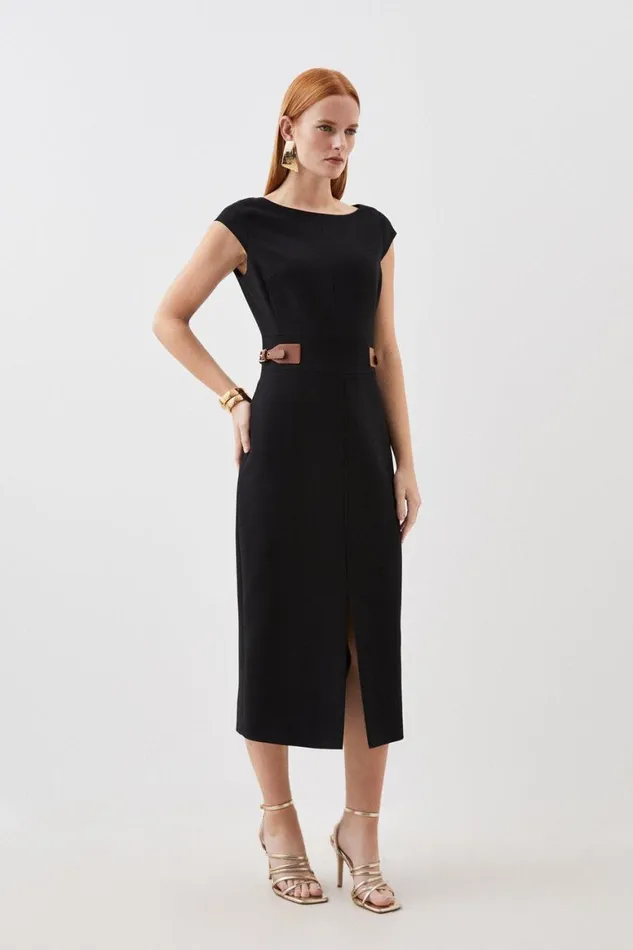 Dresses Women Karen Millen Compact Stretch Tailored Tab Detail Cap Sleeve Midi Dress Black
