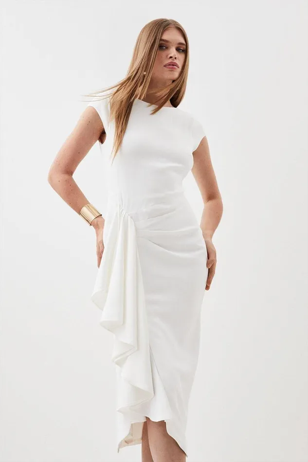 Dresses Women Karen Millen Compact Stretch Viscose Cap Sleeve Drape Detail Tailored Midi Dress Ivory Dresses Women Karen Millen Compact Stretch Viscose Cap Sleeve Drape Detail Tailored Midi Dress Ivory