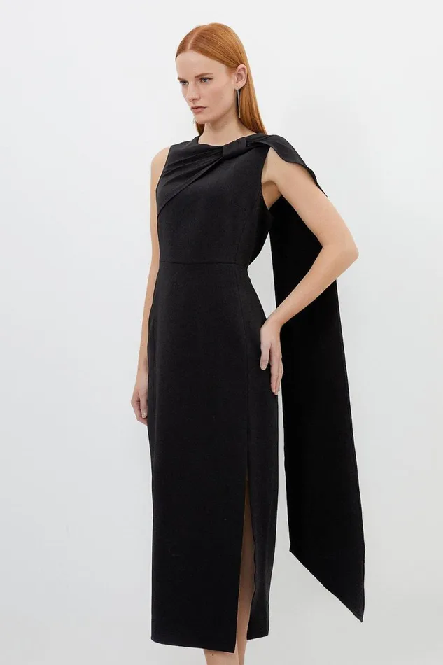 Dresses Women Karen Millen Compact Stretch Viscose Knot Drape Tailored Midi Dress Black Dresses Women Karen Millen Compact Stretch Viscose Knot Drape Tailored Midi Dress Black