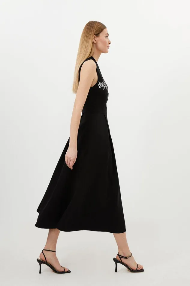 Dresses Women Karen Millen Compact Viscose Embroidery Drape Shoulder Maxi Dress Black