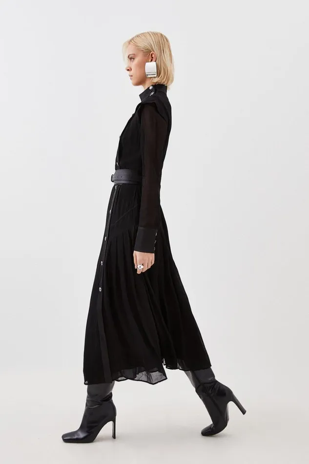 Dresses Women Karen Millen Contrast Panel Sheer Sleeve Button Woven Maxi Dress Black
