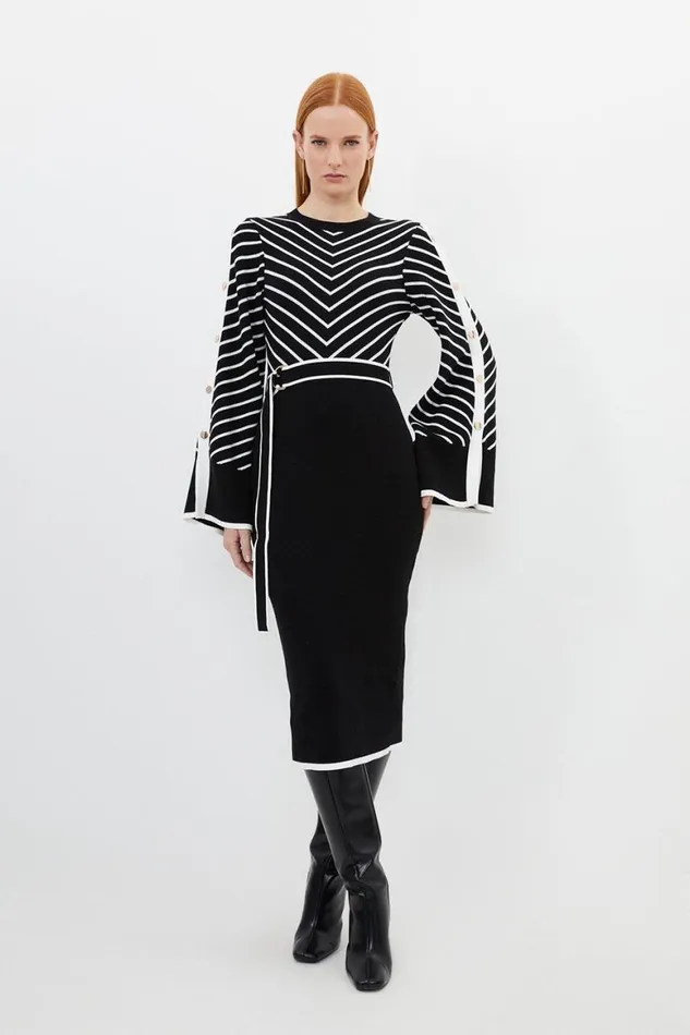 Dresses Women Karen Millen Cotton Blend Striped Knit Midi Dress Mono