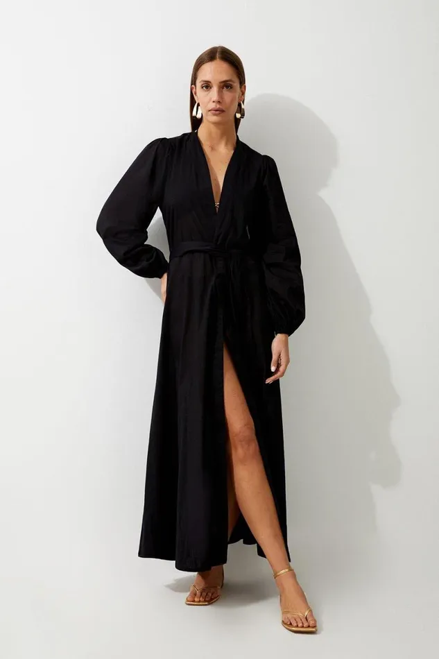 Dresses Women Karen Millen Cotton Tie Waist Woven Kimono Black