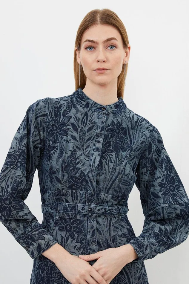 Dresses Women Karen Millen Denim Floral Jacquard Woven Midi Dress Denimblue