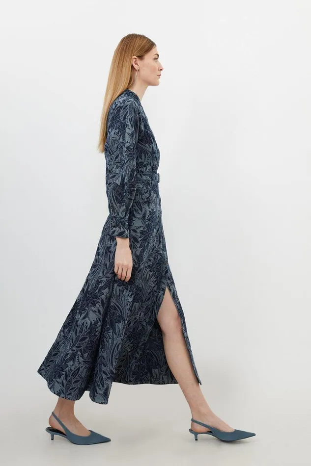 Dresses Women Karen Millen Denim Floral Jacquard Woven Midi Dress Denimblue